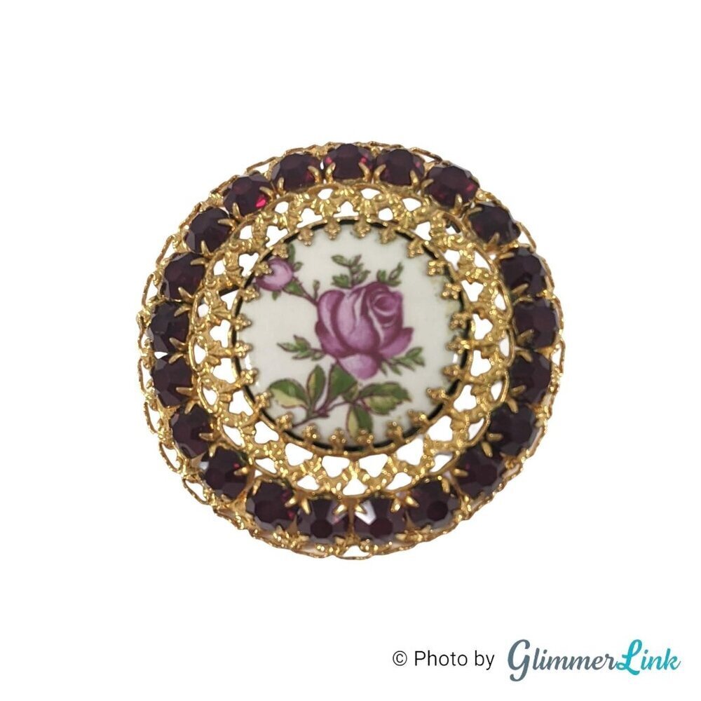 Vintage Porcelain Rose Red Rhinestone Round Brooch